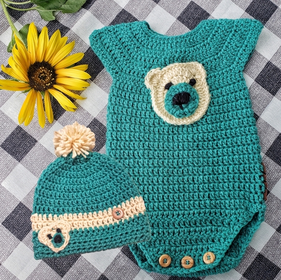 The Indiana Hillbillys Other - 3-6 Teddy Bear Baby Onesie & Beanie set Crochet by, halfpint Green Handm…